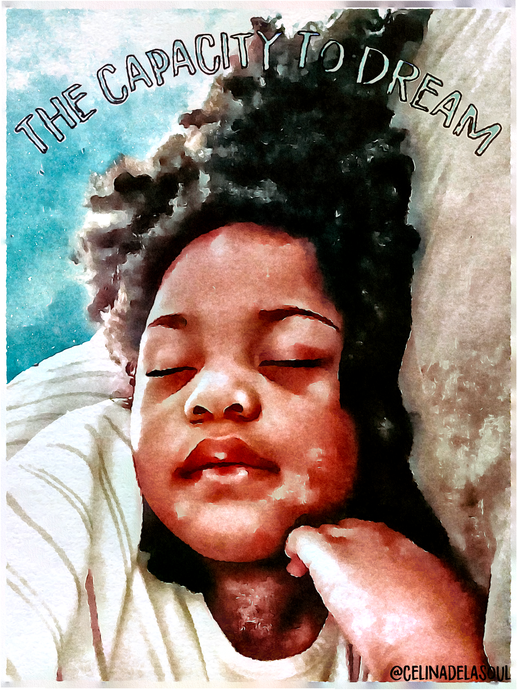 Image is a digital painting of a young girl with brown skin and black curly hair sleeping, wearing a white shirt with gray and red stripes. The text reads "The Capacity to Dream."