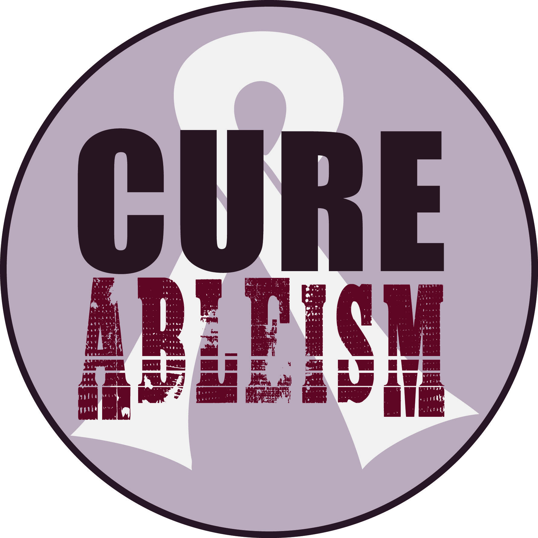 Digitally designed circle logo of "Cure Ableism" by Ellen Kim. The circle has a thick black border with a light purple-maroon background, at the center is a white awareness ribbon. The ribbon itself is a flat, curved piece of material that is wider in the