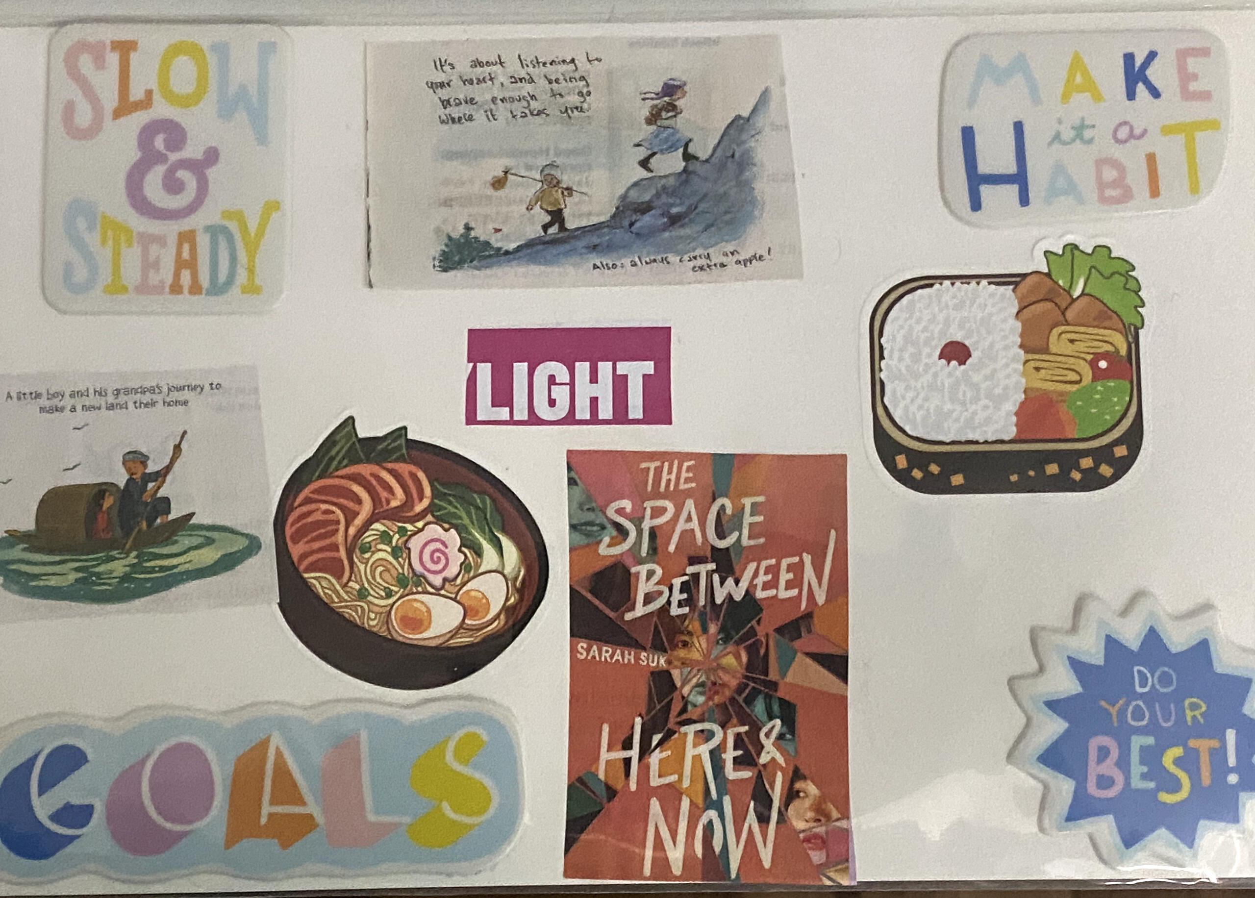 Handmade zine/ picture and photo collage from Dennis Tran featuring stickers that read "Slow & Steady," "Light," "Make it a Habit," "Goals," "Do Your Best!", "it's about listening to your heart and being brave enough to go where it takes you; also: always